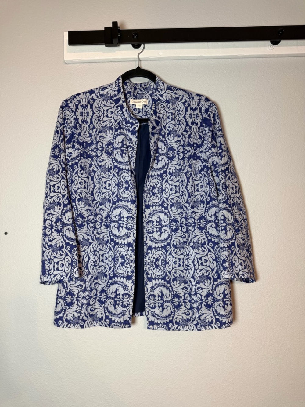 Coldwater Creek Open Front Linen Blend Blazer Jacket Size 14 Blue Patterned